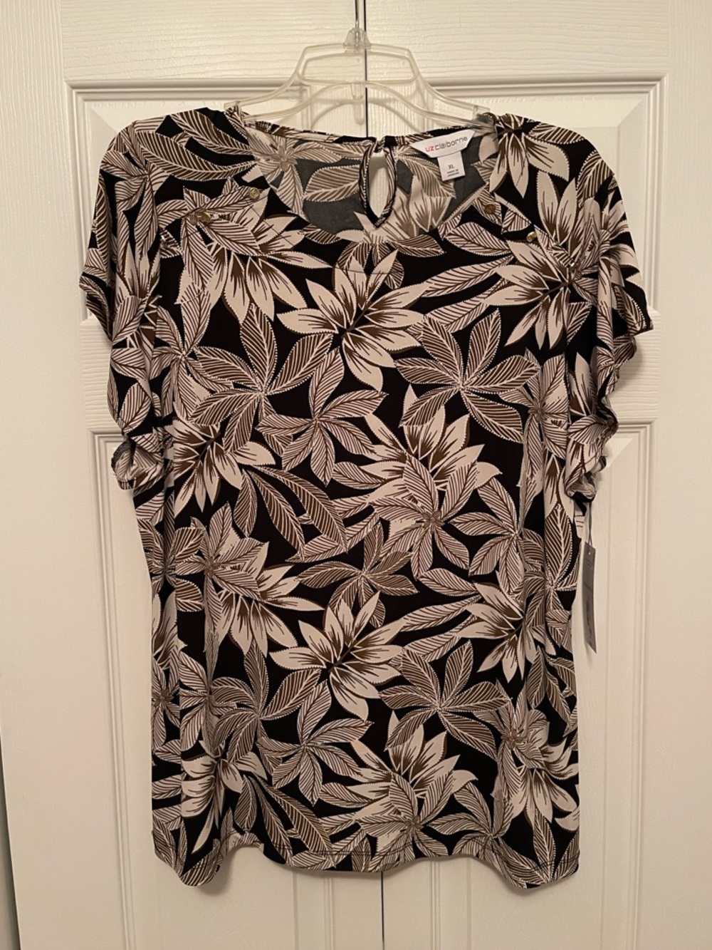 NWT Liz Claiborne XL Tropical Leaf Print Blouse - Black & White